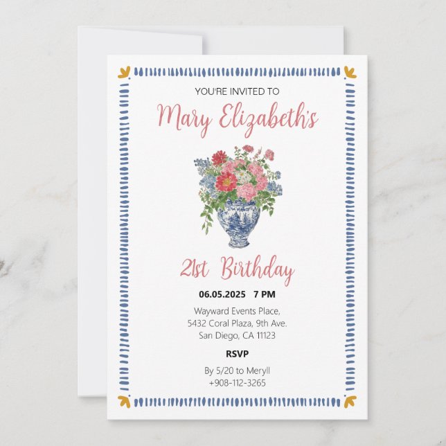 Invitación de cumpleaños floral Coquette Chinoiser (Anverso)