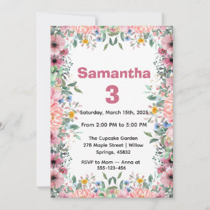 Invitación de cumpleaños floral, cumpleaños de flo
