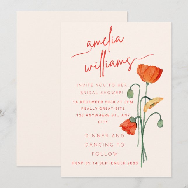 Invitación de Cumpleaños Floral de Amapola Elegant (Anverso / Reverso)