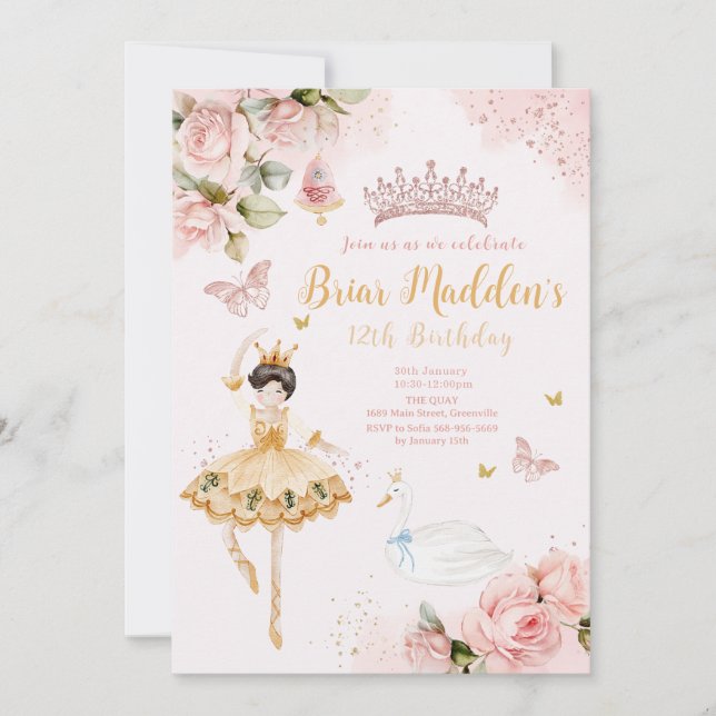 Invitación de cumpleaños floral de bailarina rosa (Anverso)