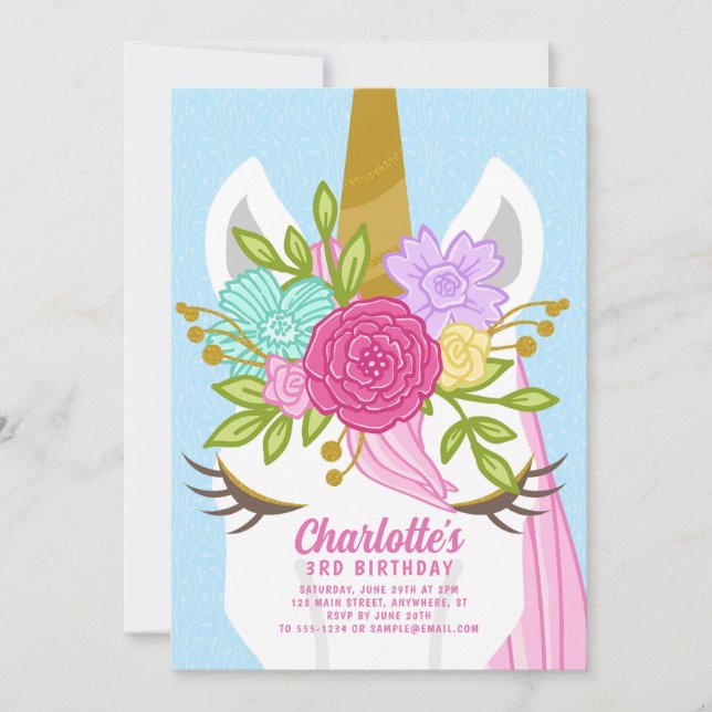 Invitación de cumpleaños floral de bonito Unicorn  (Anverso)