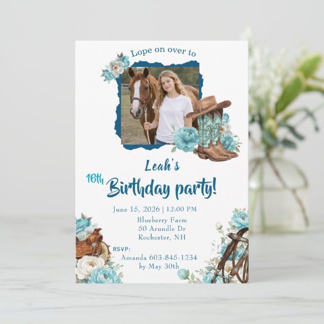Invitación de cumpleaños floral de caballo occiden (Anverso de pie)