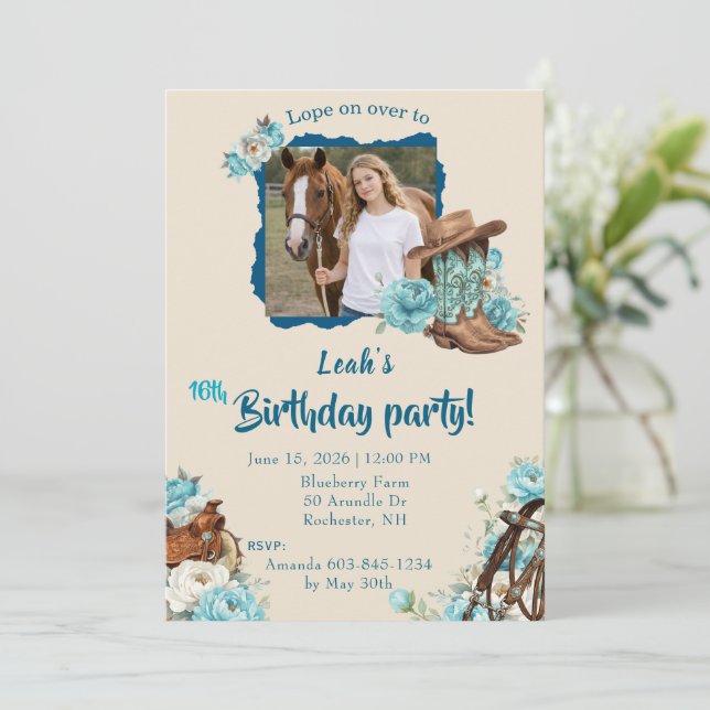Invitación de cumpleaños floral de caballo occiden (Anverso de pie)