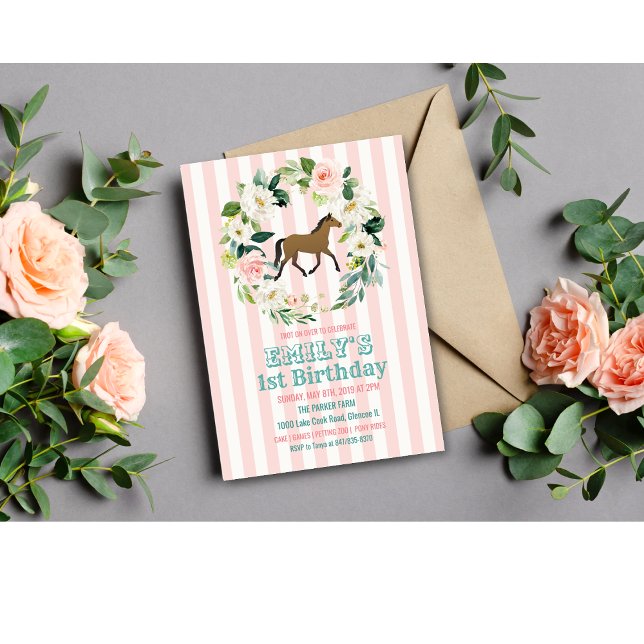 Invitación de cumpleaños floral de caballo para cu (Subido por el creador)
