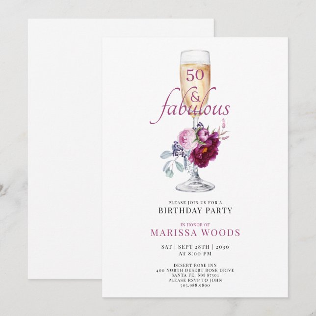 Invitación de cumpleaños floral de champán fabulos (Anverso / Reverso)