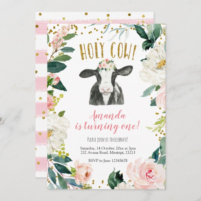 Invitación de cumpleaños floral de Chica de vaca s (Anverso / Reverso)