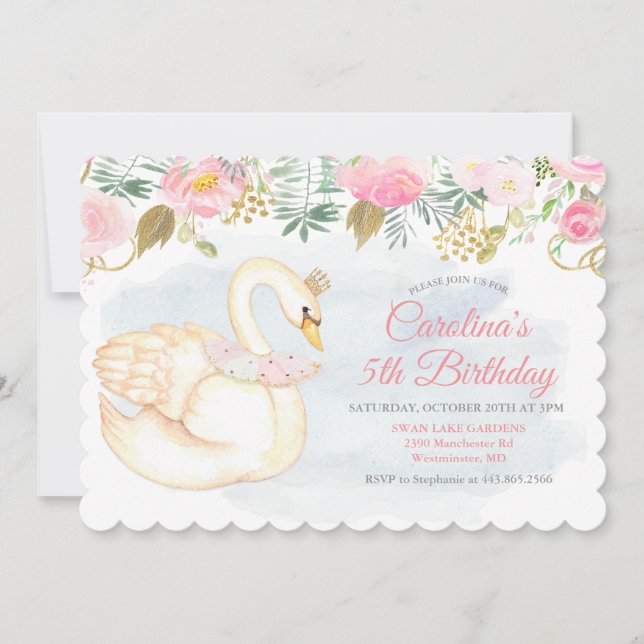 Invitación de cumpleaños floral de cisne para cual (Anverso)