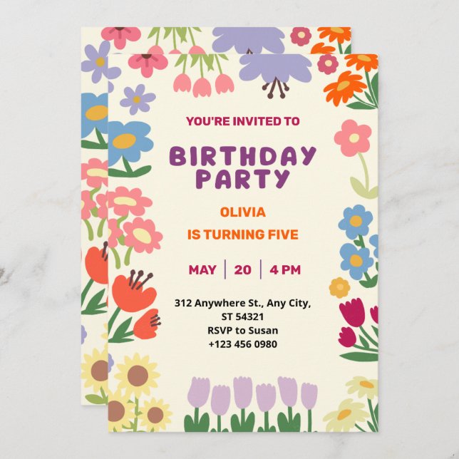Invitación de cumpleaños floral de flor de pastel  (Anverso / Reverso)