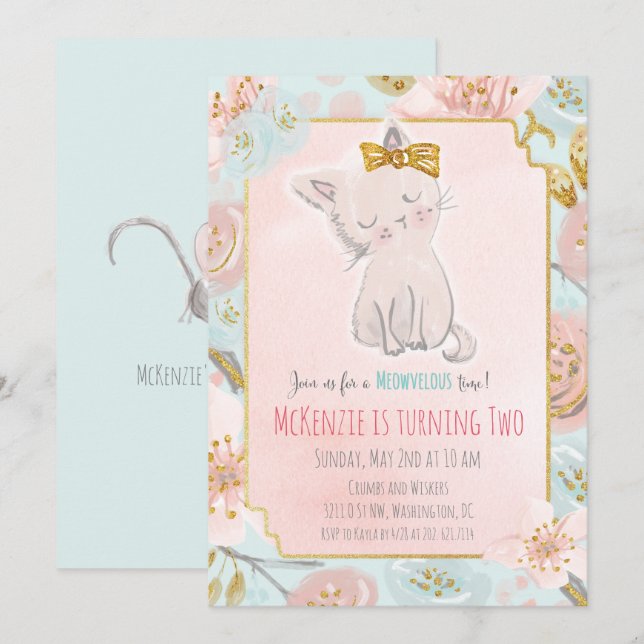Invitación de cumpleaños floral de gatito lindo pa (Anverso / Reverso)