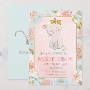 Invitación de cumpleaños floral de gatito lindo pa