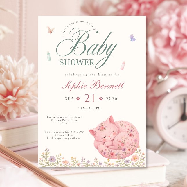 Invitación de Cumpleaños Floral de Gato Pastel par (Pastel Floral Cat Baby Shower Invitation for Girls)