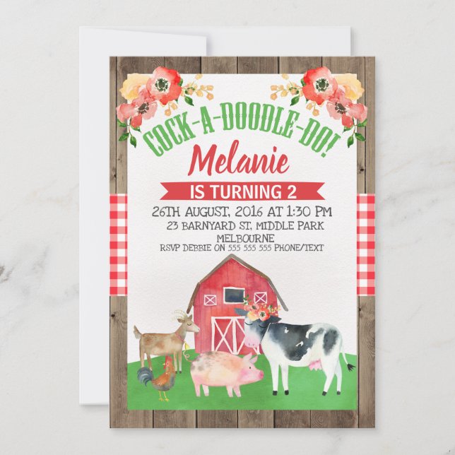 Invitación de cumpleaños floral de granja o Barnya (Anverso)