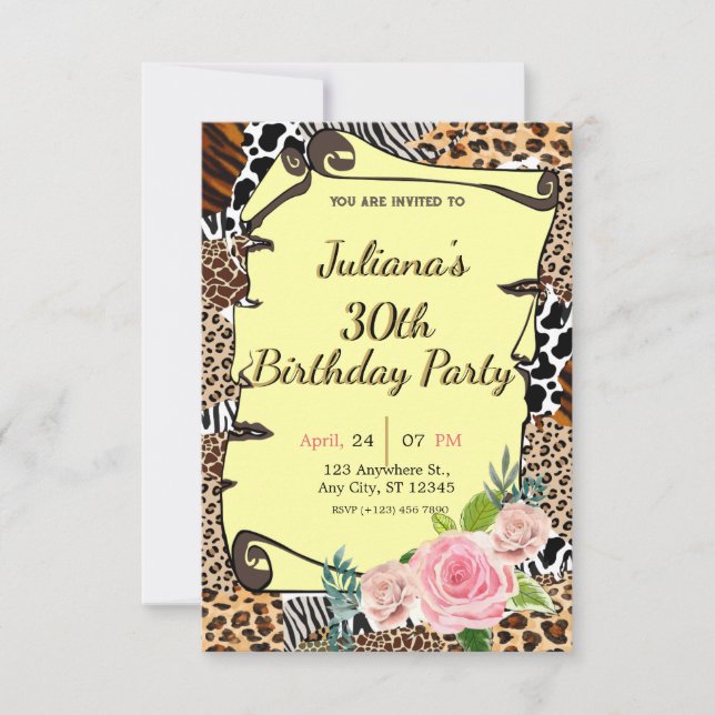 Invitación de cumpleaños floral de impresión anima (Anverso)