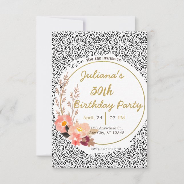 Invitación de cumpleaños floral de impresión anima (Anverso)