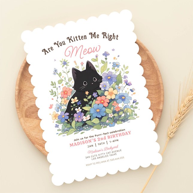 Invitación de cumpleaños floral de Kitten negro li (Subido por el creador)