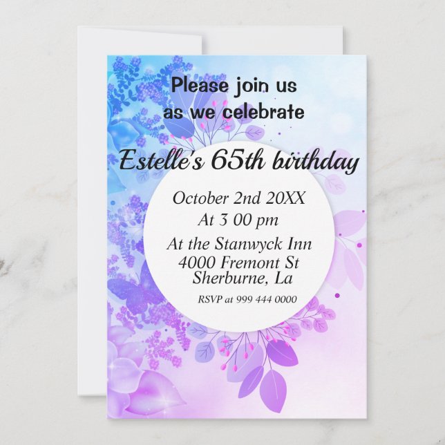 Invitación de cumpleaños floral de Lavender (Anverso)