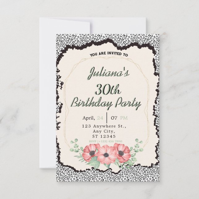 invitación de cumpleaños floral de leopardo print (Anverso)