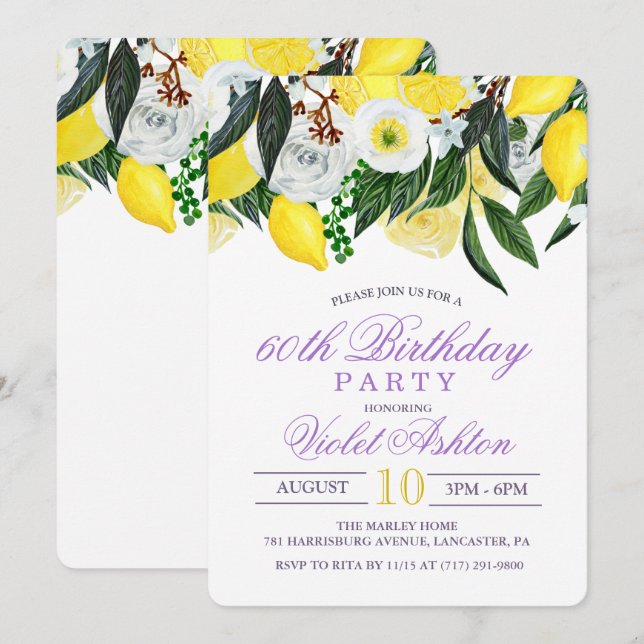 Invitación de cumpleaños floral de limón para cual (Anverso / Reverso)