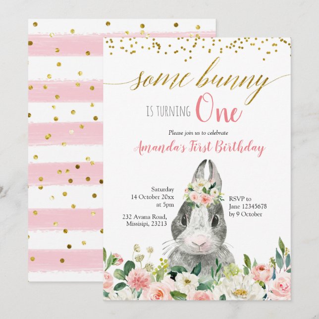 Invitación de cumpleaños floral de Little Bunny Sp (Anverso / Reverso)