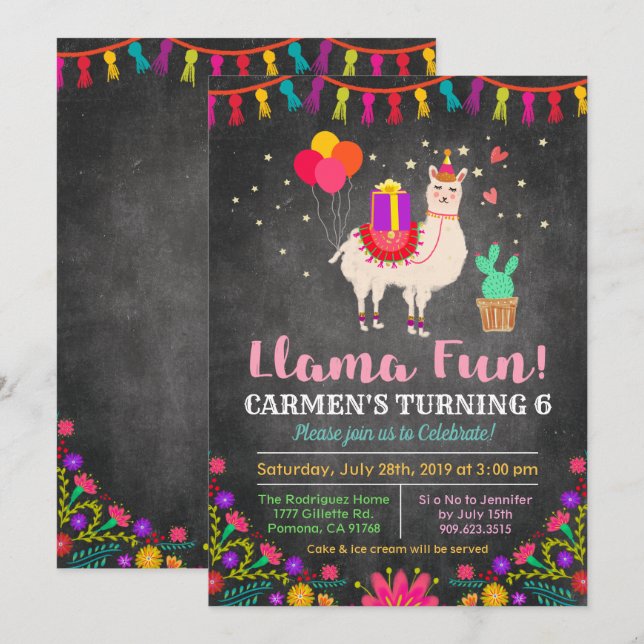 INVITACIÓN DE CUMPLEAÑOS Floral de Llama PARA CUAL (Anverso / Reverso)
