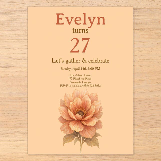 Invitación de cumpleaños floral de melocotón elega (Anverso)