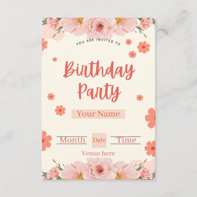 Invitación de cumpleaños floral de melocotón y cor (Anverso)