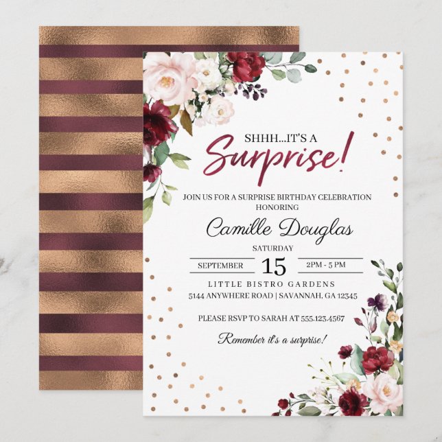 Invitación de cumpleaños floral de oro de Borgoña (Anverso / Reverso)