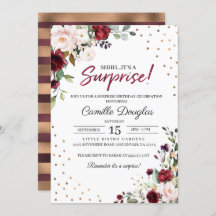 Invitación de cumpleaños floral de oro de Borgoña