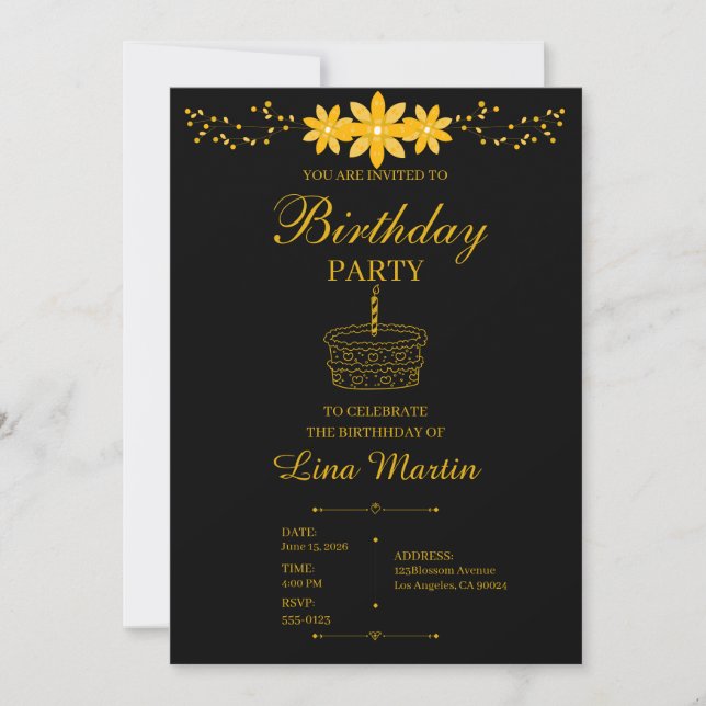 Invitación de cumpleaños floral de oro de lujo (Anverso)