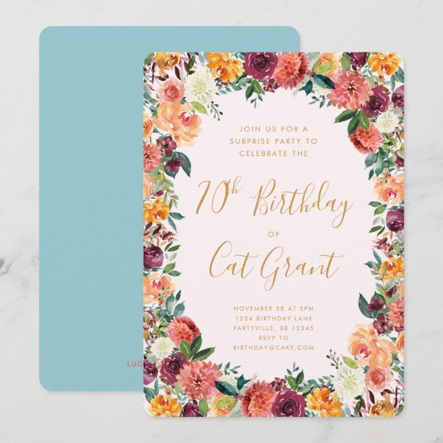 Invitación de cumpleaños floral de otoño a cualqui (Anverso / Reverso)