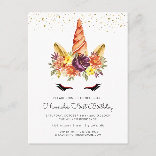 Invitación de cumpleaños floral de otoño con cara  (Anverso)