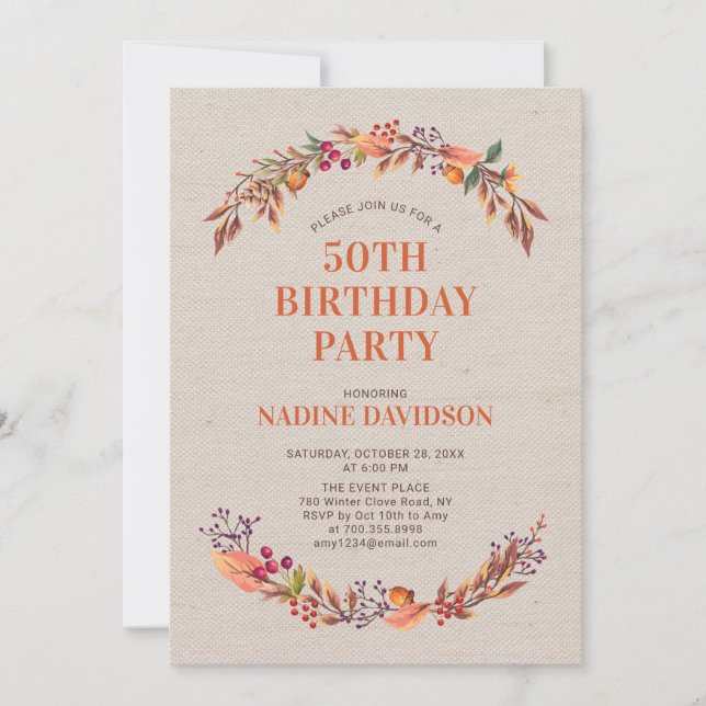 Invitación de cumpleaños floral de otoño para 50 a (Anverso)