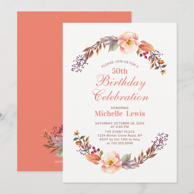 Invitación de cumpleaños floral de otoño para 50 a (Anverso / Reverso)