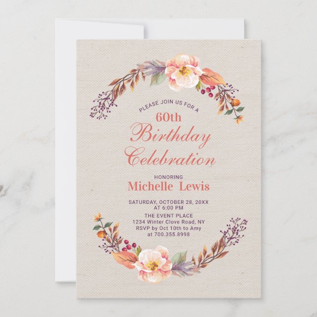 Invitación de cumpleaños floral de otoño/primavera (Anverso)