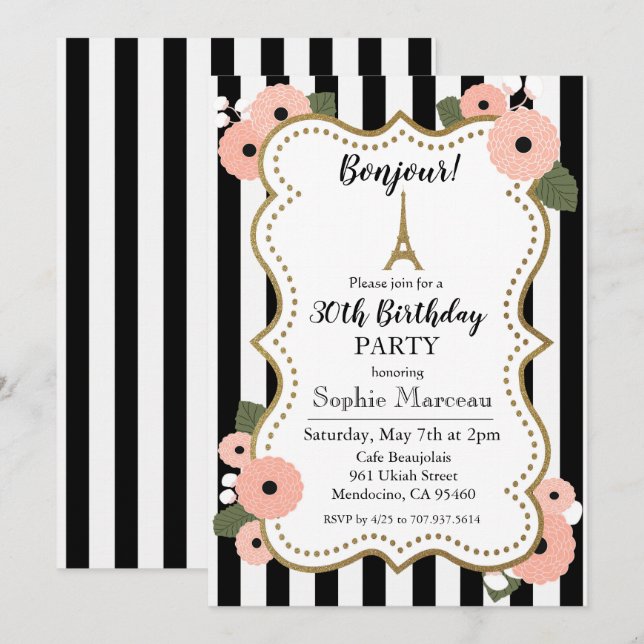 Invitación de cumpleaños floral de París para cual (Anverso / Reverso)