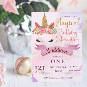 Invitación de Cumpleaños Floral de Pastel Unicorni