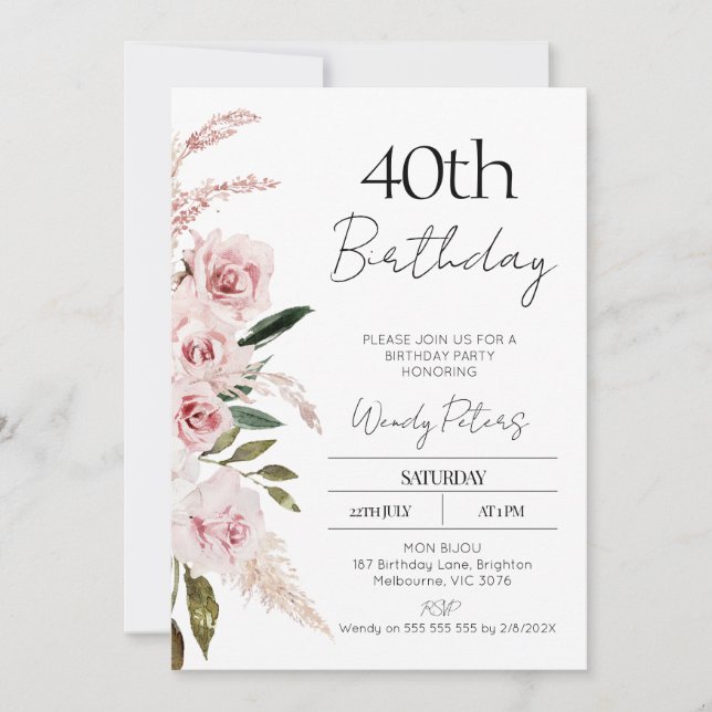Invitación de cumpleaños floral de Rubor Pink Boho (Anverso)