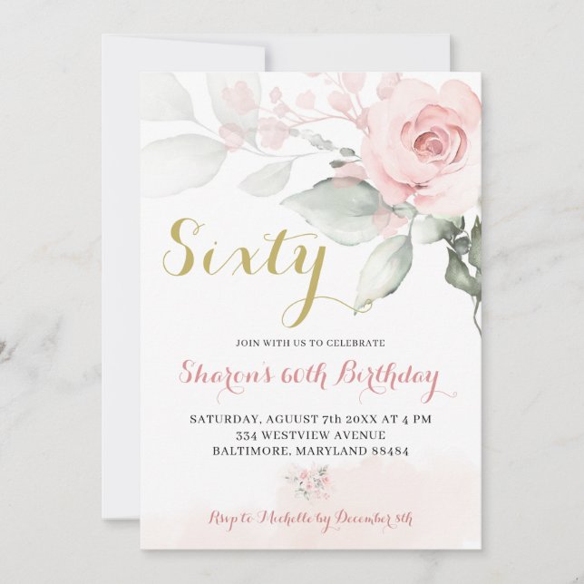 Invitación de cumpleaños floral de Rubor Pink Peon (Anverso)