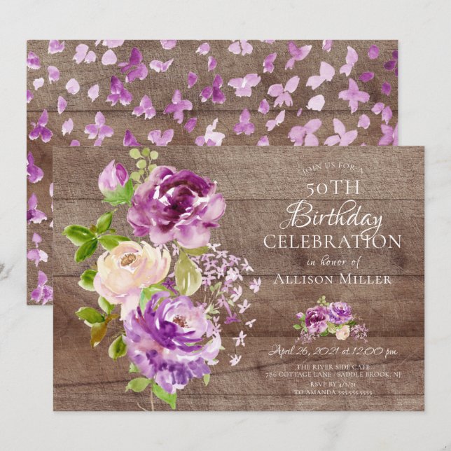 Invitación de cumpleaños floral de Rustic Peonies (Anverso / Reverso)
