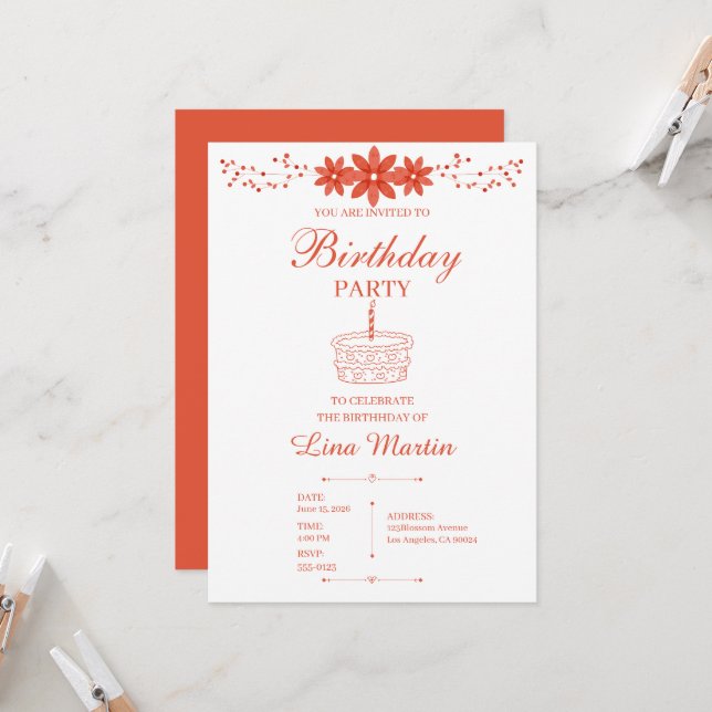 Invitación de cumpleaños floral de terracota (Anverso/Reverso In Situ)