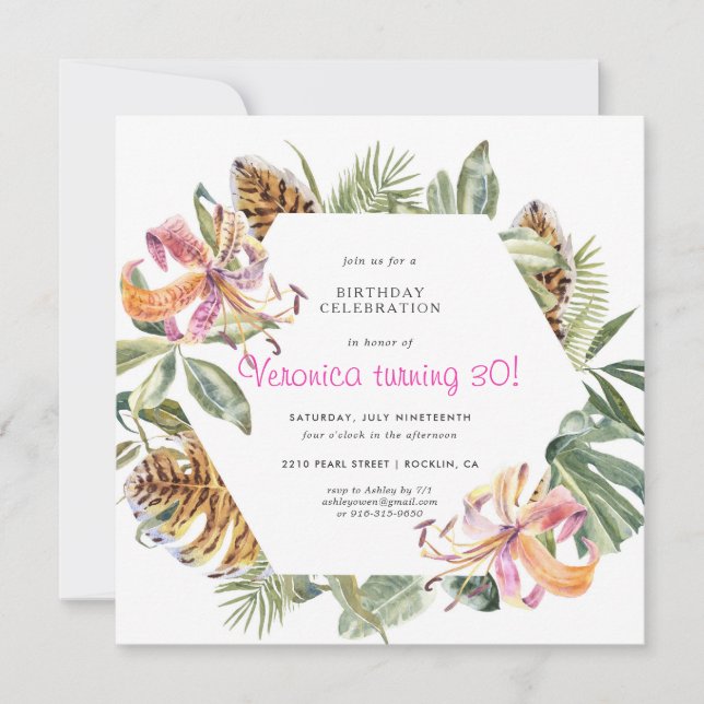 Invitación de cumpleaños floral de Tigre Tropical (Anverso)