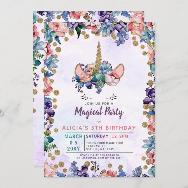 Invitación de cumpleaños floral de Unicorn Face Pu (Anverso / Reverso)