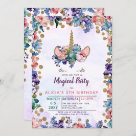 Invitación de cumpleaños floral de Unicorn Face Pu