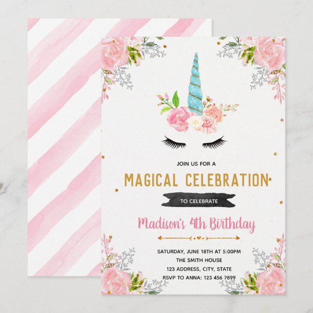 Invitación de cumpleaños floral de Unicornio (Anverso / Reverso)