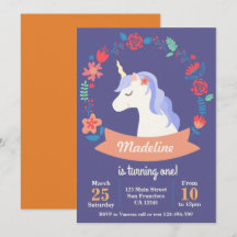Invitación de cumpleaños floral de unicornio morad