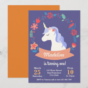 Invitación de cumpleaños floral de unicornio morad