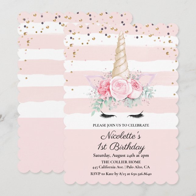 Invitación de cumpleaños floral de unicornio para  (Anverso / Reverso)