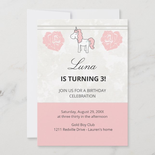 Invitación de cumpleaños floral de unicornio rosa (Anverso)