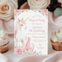 Invitación de cumpleaños floral de unicornio rosa
