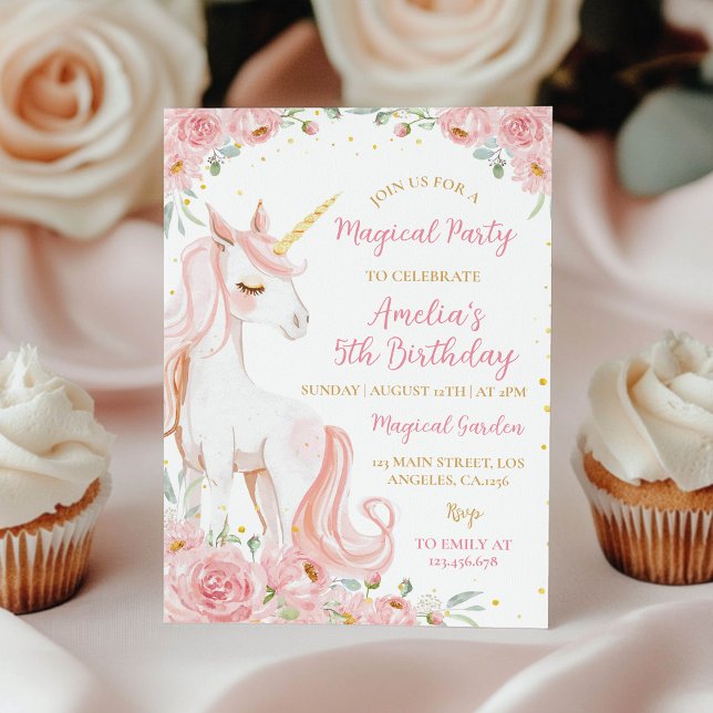 Invitación de cumpleaños floral de unicornio rosa (Subido por el creador)